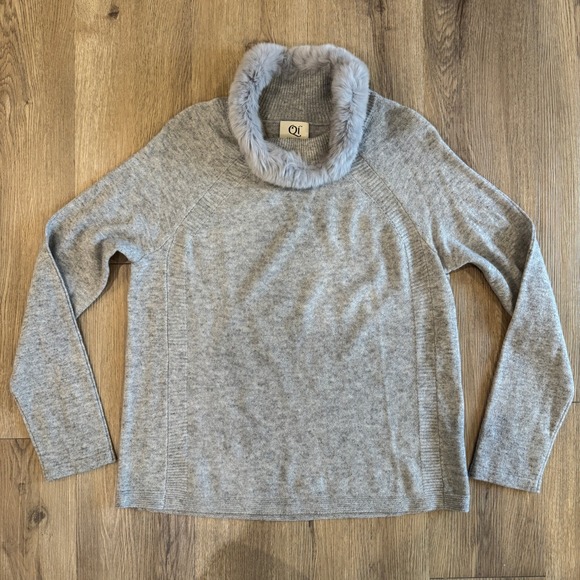 QI Cashmere Sweater Real Rabbit Fur Trim Cowl Neck Light Gray Women's Large - Picture 3 of 8